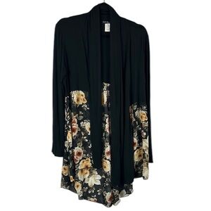 Kim & Cami Whimsical Floral Sheer Open Front Cardigan Medium Black FLAW